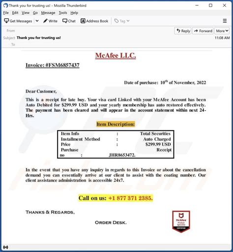 mcafee scam email invoice|mcafee antivirus scam email.